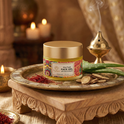 Gel Facial Fresco de Aloe com Açafrão da Caxemira e Alcaçuz para um brilho radiante e hidratação profunda
