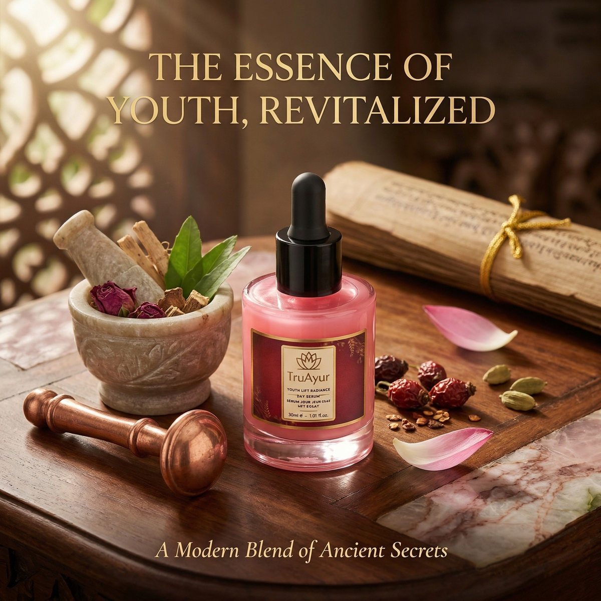 8-Herbs Ayurvedic Radiance Day Serum with Syn-Ake Peptide for deep hydration, all-day glow, and visible firming