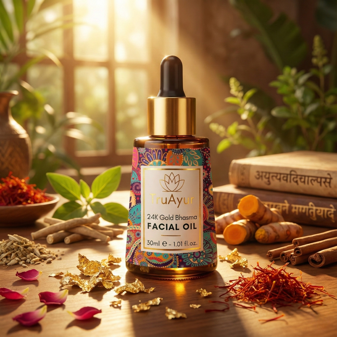 Óleo Facial Ayurvédico com Ouro 24K para uma pele profundamente hidratada, sedosa e rad