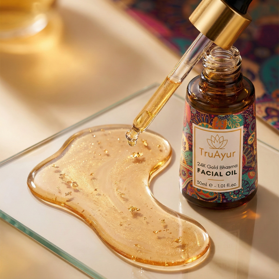 Óleo Facial Ayurvédico com Ouro 24K para uma pele profundamente hidratada, sedosa e rad