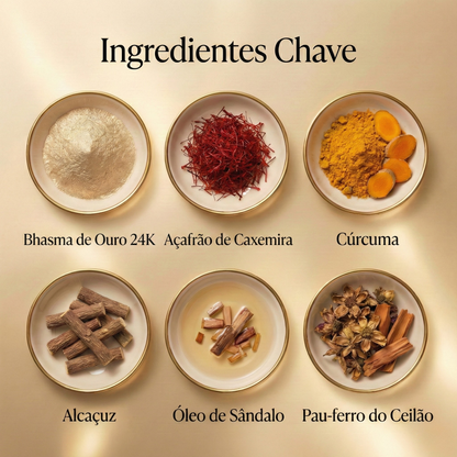 Óleo Facial Ayurvédico com Ouro 24K para uma pele profundamente hidratada, sedosa e rad