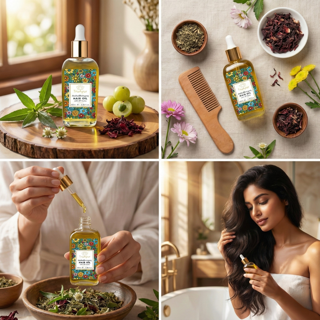 Óleo Ayurvédico com 29 Ervas para Massagem no Couro Cabeludo: Alivia o Estresse, Revitaliza os Cabelos e Promove o Relaxamento.