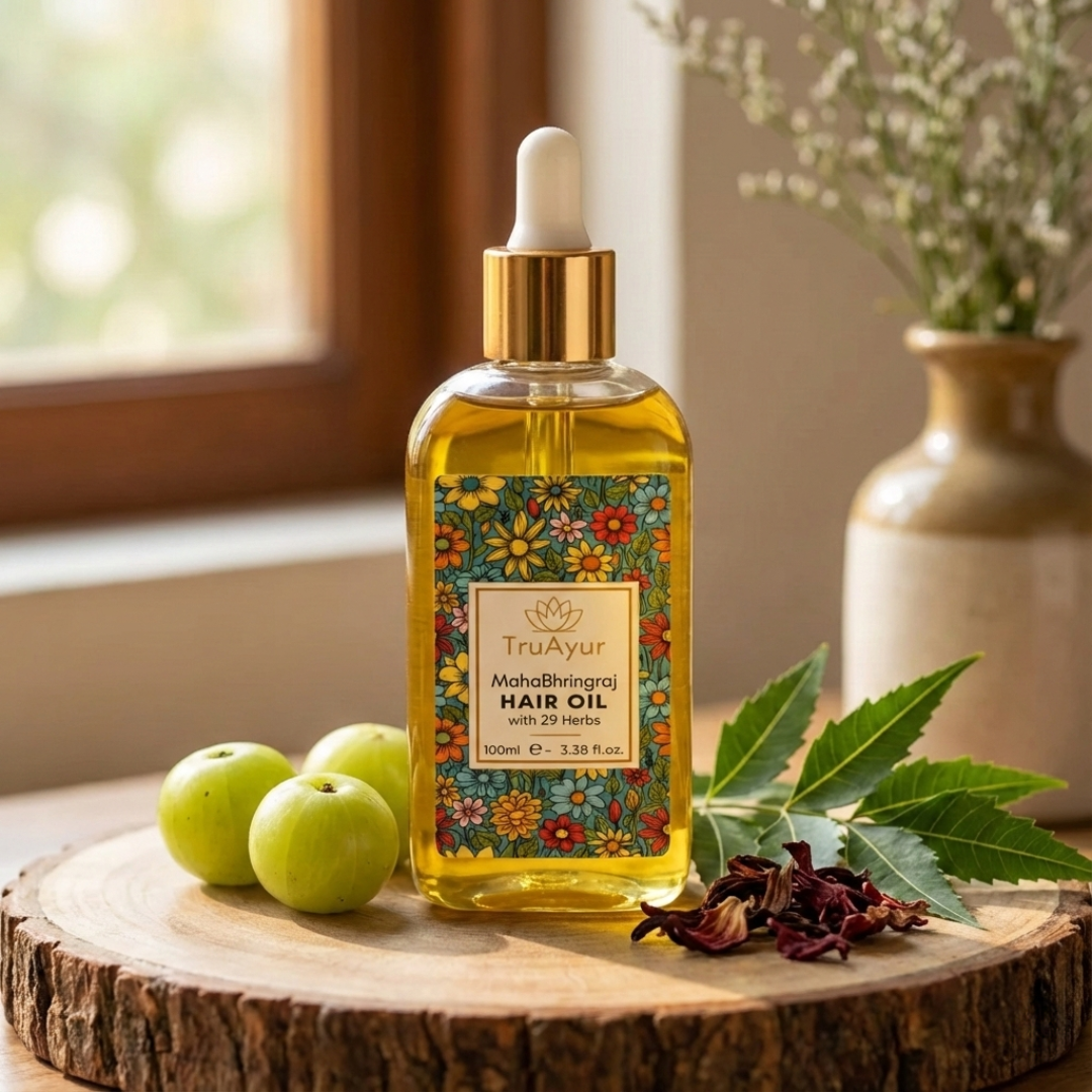 Óleo Ayurvédico com 29 Ervas para Massagem no Couro Cabeludo: Alivia o Estresse, Revitaliza os Cabelos e Promove o Relaxamento.