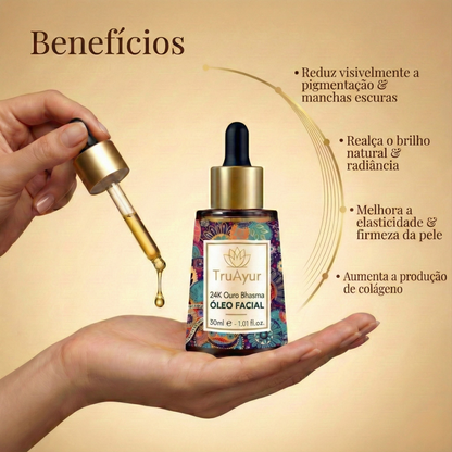 Óleo Facial Ayurvédico com Ouro 24K para uma pele profundamente hidratada, sedosa e rad
