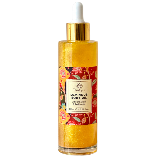 Óleo corporal enriquecido com 16 ervas para pele seca e madura.