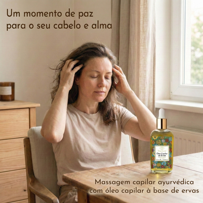 Óleo Ayurvédico com 29 Ervas para Massagem no Couro Cabeludo: Alivia o Estresse, Revitaliza os Cabelos e Promove o Relaxamento.
